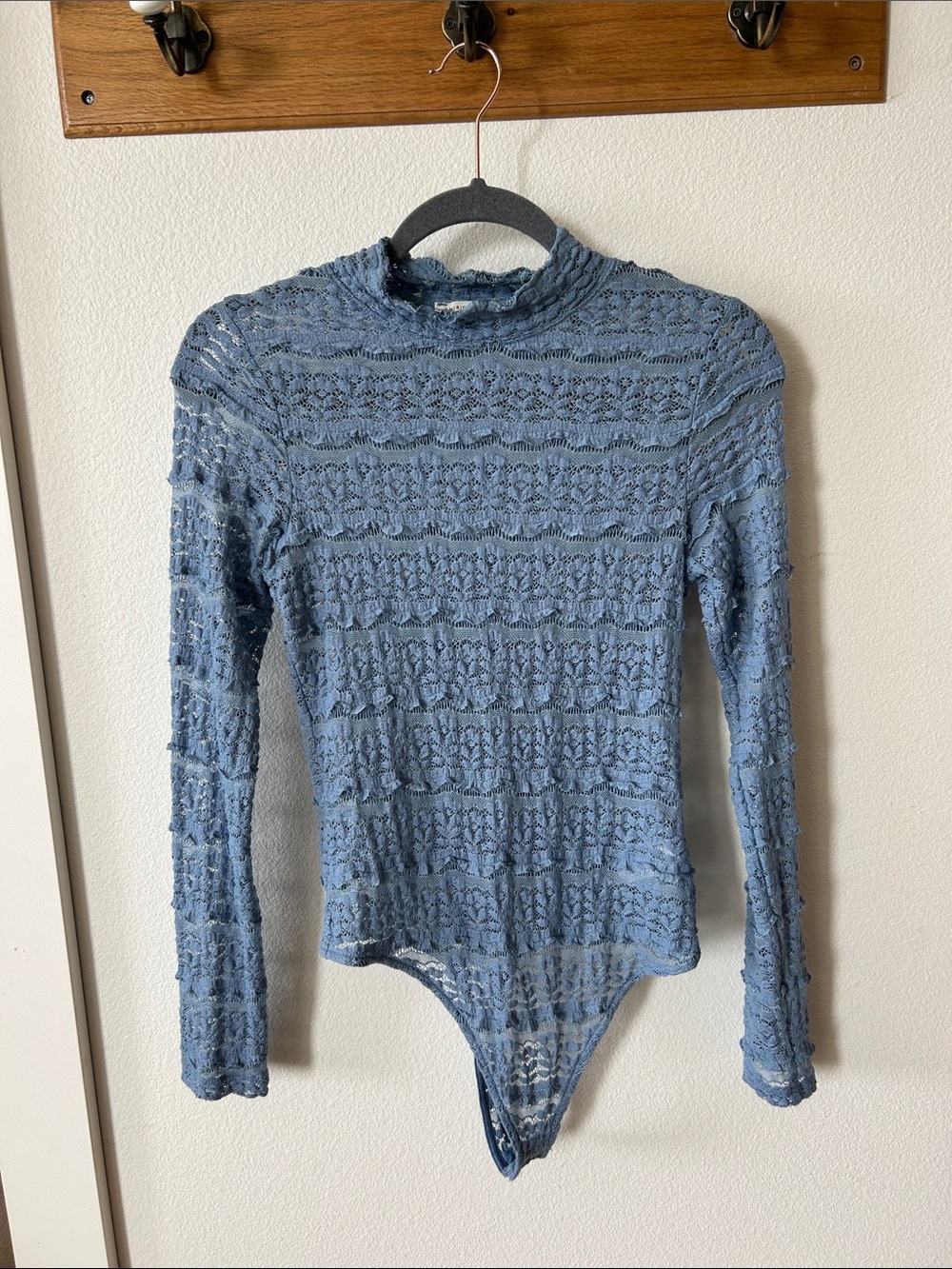 American Eagle Outfitters Lace Knit Mock Neck Bodysuit - Dusty Blue